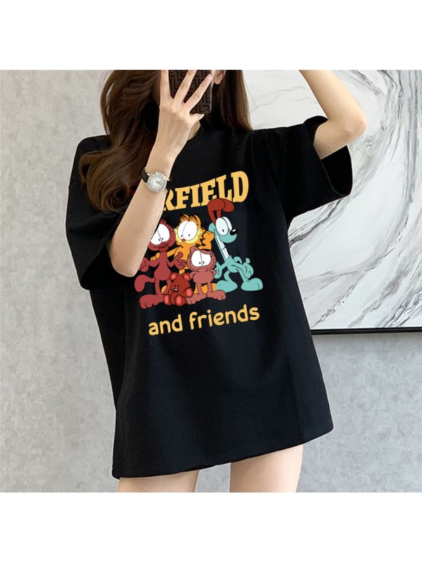 Garfield black Unisex Mens/Womens Short Sleeve T-shirts Fashion Printed Tops Cosplay Costume