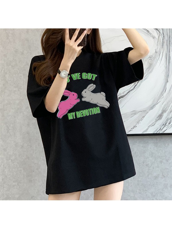 Two Rabbits black Unisex Mens/Womens Short Sleeve T-shirts Fashion Printed Tops Cosplay Costume