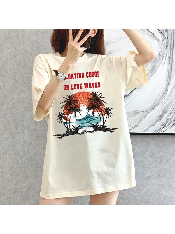 Sunset Coconut Forest beige Unisex Mens/Womens Short Sleeve T-shirts Fashion Printed Tops Cosplay Costume