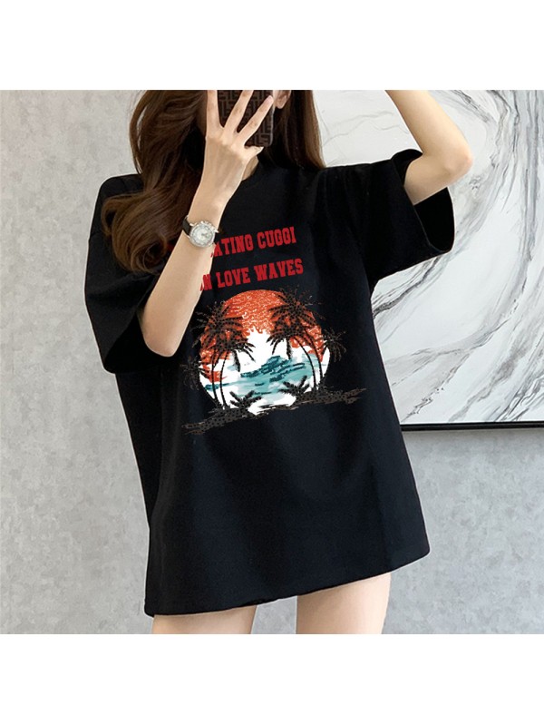 Sunset Coconut Forest black Unisex Mens/Womens Short Sleeve T-shirts Fashion Printed Tops Cosplay Costume