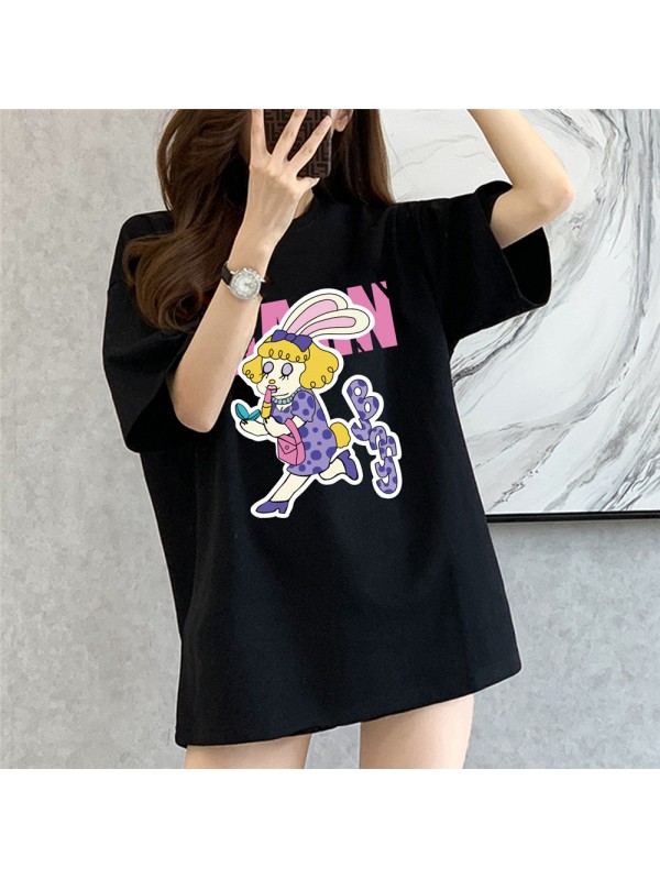 Pink Girl Rabbit black Unisex Mens/Womens Short Sleeve T-shirts Fashion Printed Tops Cosplay Costume