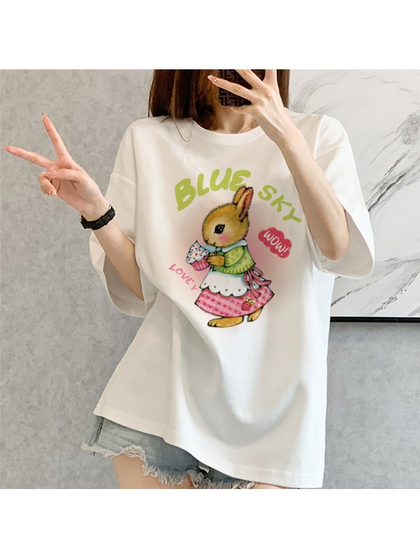 Pastoral Bunny white Unisex Mens/Womens Short Sleeve T-shirts Fashion Printed Tops Cosplay Costume