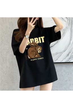 Happy Time Rabbit black Unisex Mens/Womens Short Sleeve T-shirts Fashion Printed Tops Cosplay Costume